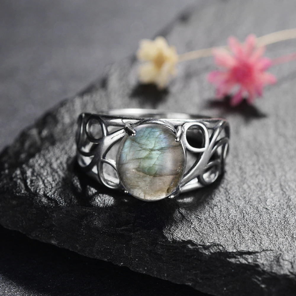 Retro Natural Gemstone Ring Hollow Pattern Ring