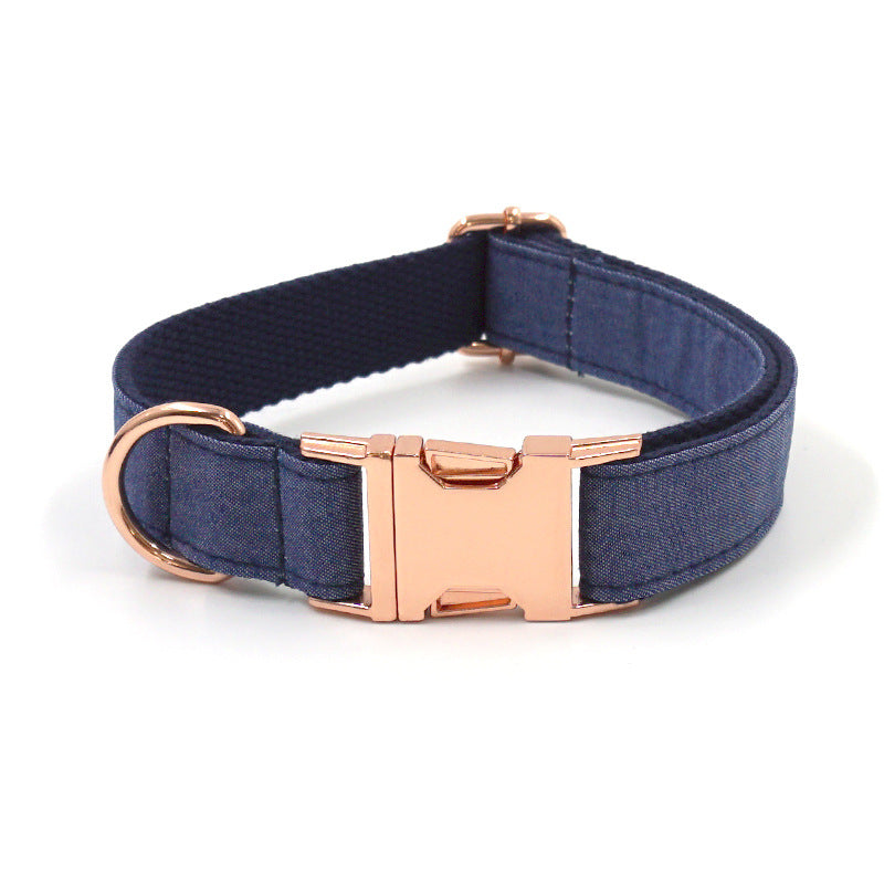 Rose Gold Buckle Lettering Deep Denim Pet Collar Dog Leash Dog Bow Set