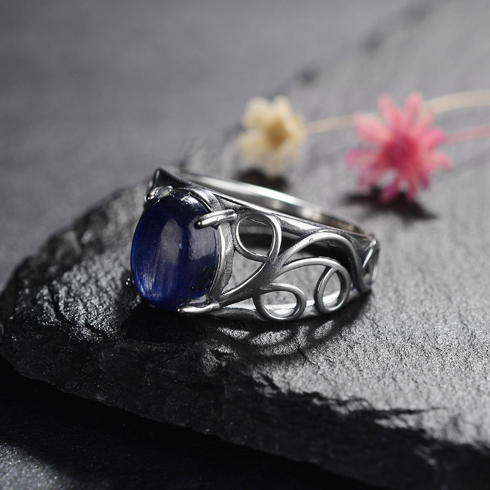 Retro Natural Gemstone Ring Hollow Pattern Ring