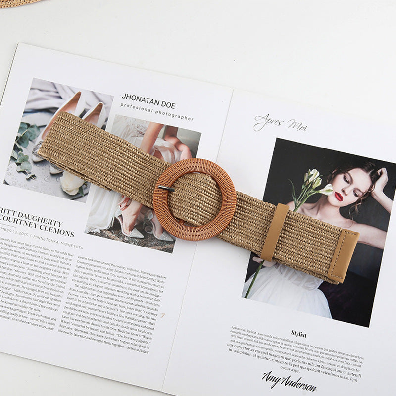 Ceinture en paille tressée en coton et lin pour femme