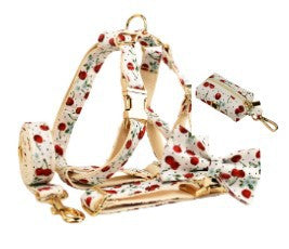 Collier pour animaux imprimé cerises rouges avec laisse, boucle à dégagement rapide dorée et nœud mignon