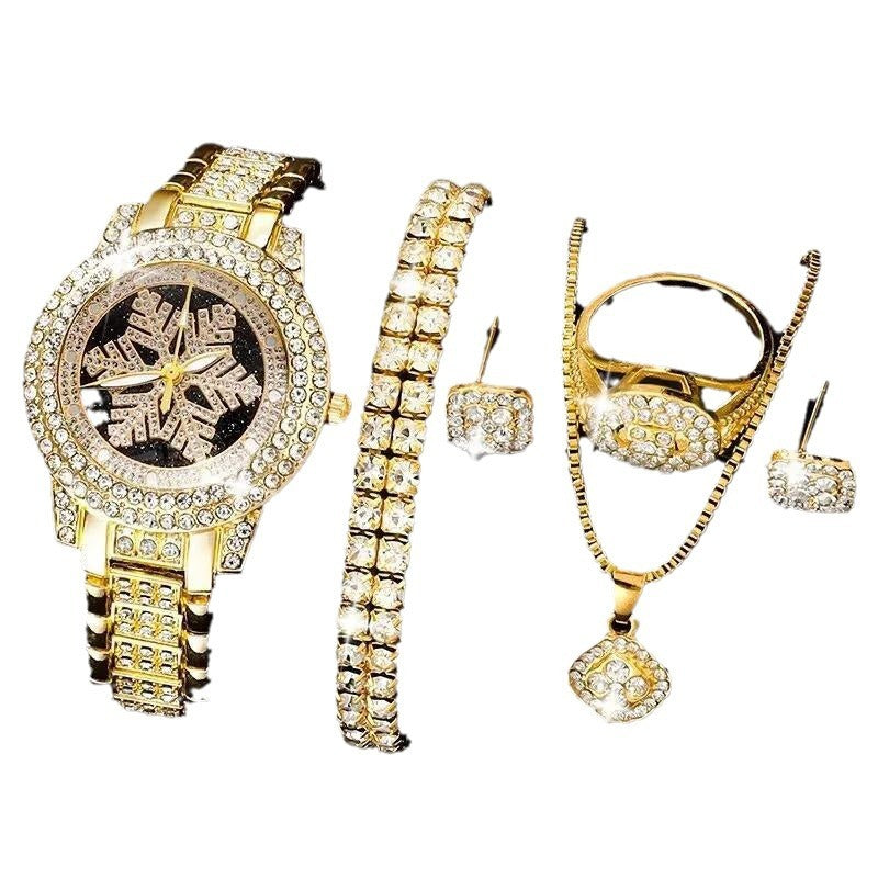 Montre Motif Flocon de Neige Luxe Entièrement Strass Bijoux Ensemble Cinq Pièces