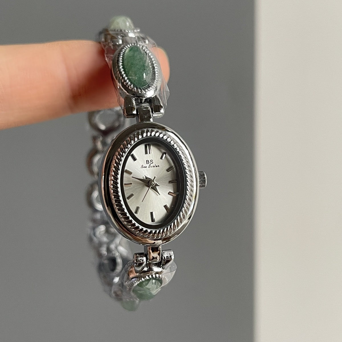 Women's Small Jade Oval Diamond Quartz Bracelet Watch