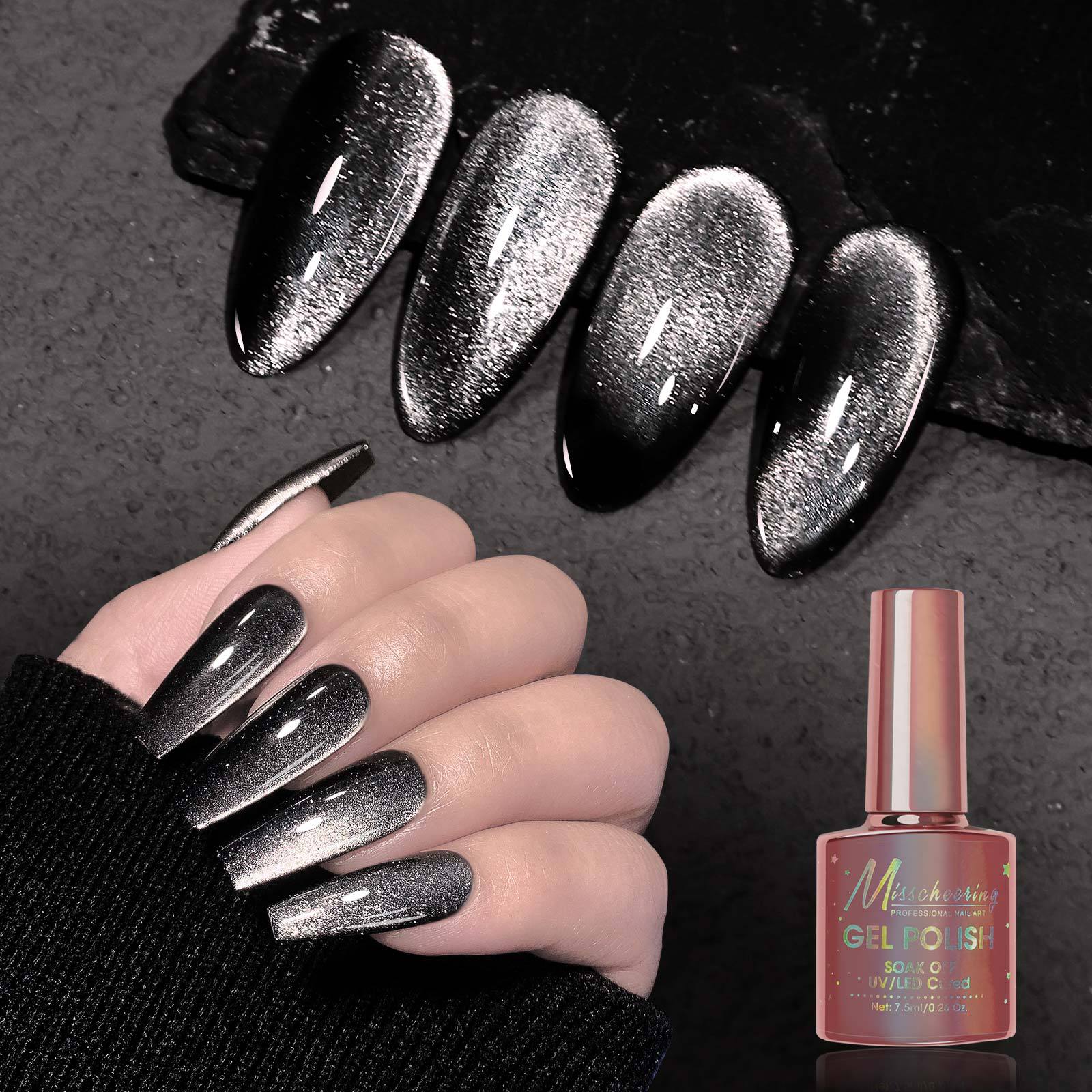 Vernis à ongles œil-de-chat noir intense, style fée sombre étincelant