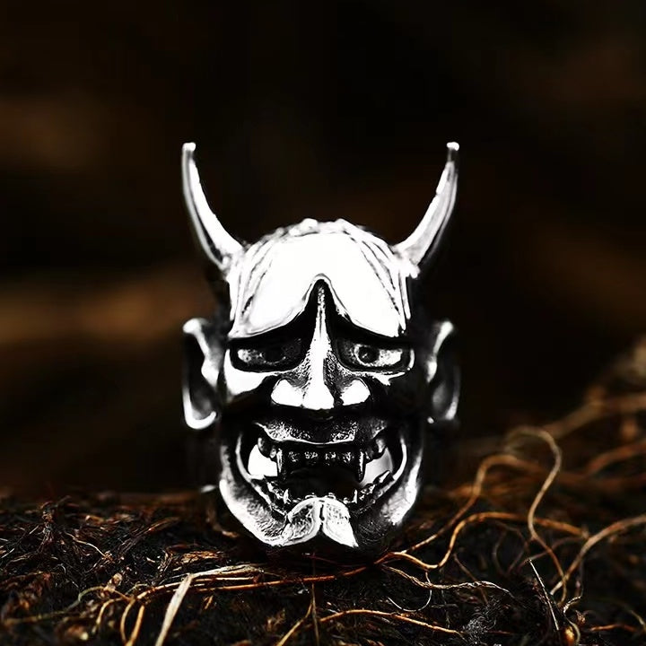 Bague en acier titane pour homme, thème Cent Démons Prajna, masque visage souriant