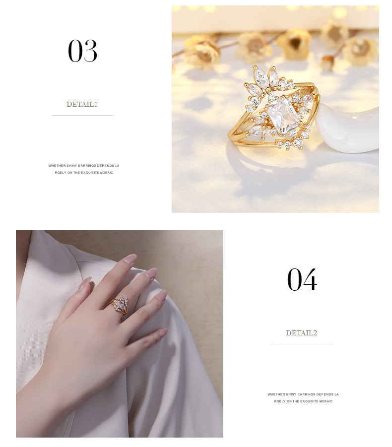 Light Luxury Zircon Water Drops Square Geometric Sterling Silver Ring Fashion Special-interest