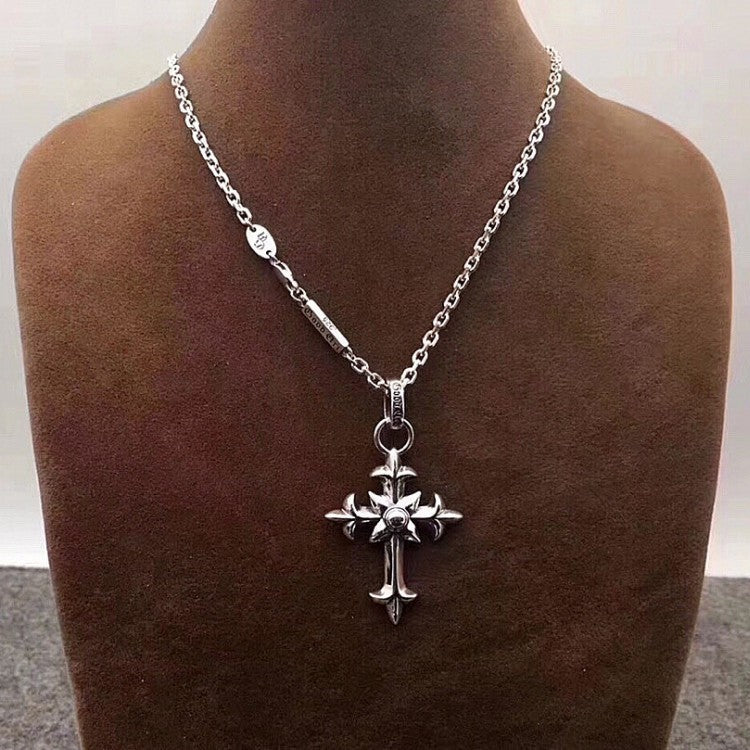 Chaîne de chandail argentée, style européen et américain, hip-hop de rue, pendentif croix personnalisé pour hommes, ensemble de chaînes rétro en argent thaïlandais