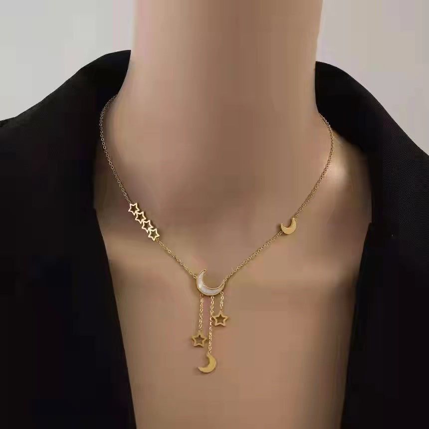 Three-dimensional Star Long Tassel Pentagram Moon Pendant Collarbone Chain