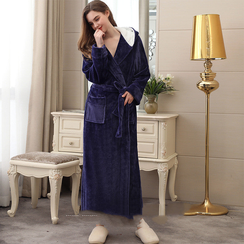 Autumn And Winter Lengthened And Thick Couple Flannel Hooded Nightgown
