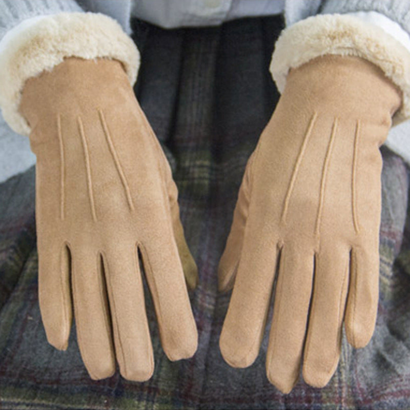 Gants double couche coupe-vent et anti-froid en daim épais et velours brodés à l'européenne