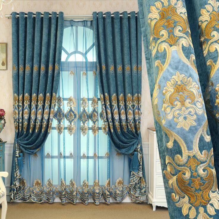 Rideau européen en velours chenille brodé double face et fil de broderie