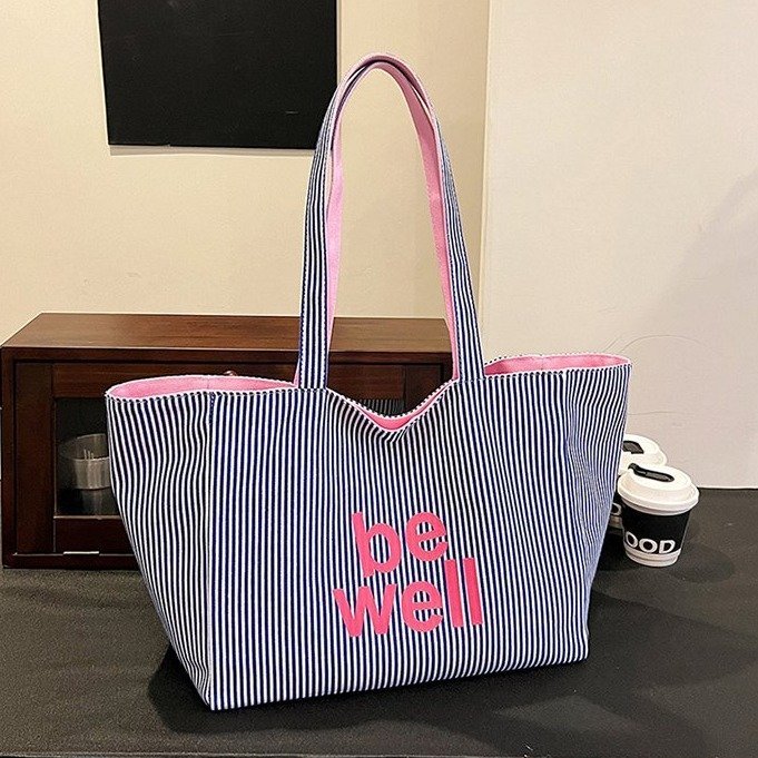 Large Capacity Tote Double-sided New Striped Casual One-shoulder Texture Embroidered Canvas Bag