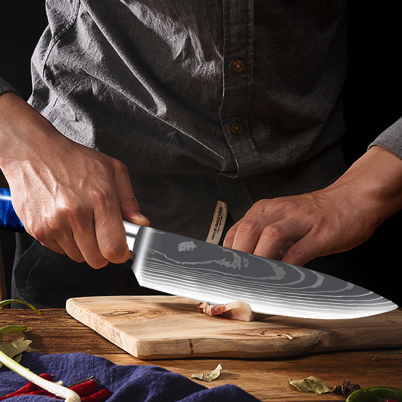 Stainless Steel Chef Knife With Blue Resin Handle