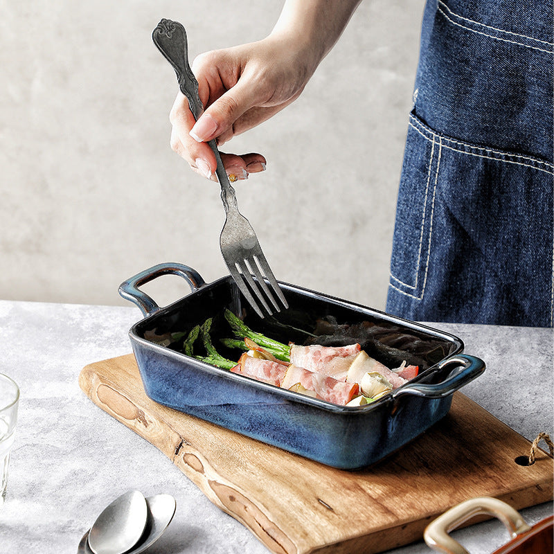 Bandeja de cerámica rectangular para horno microondas, recipiente para hornear binaural