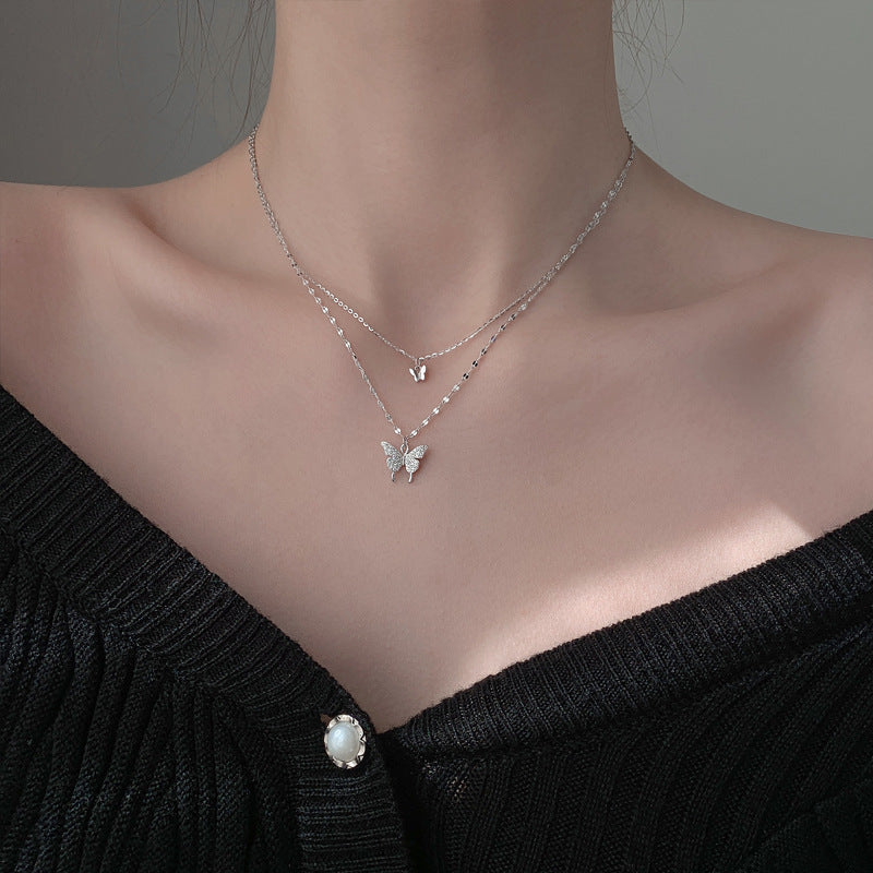 Butterfly Double-Layer Necklace Female Simple Design Sense Niche Temperament
