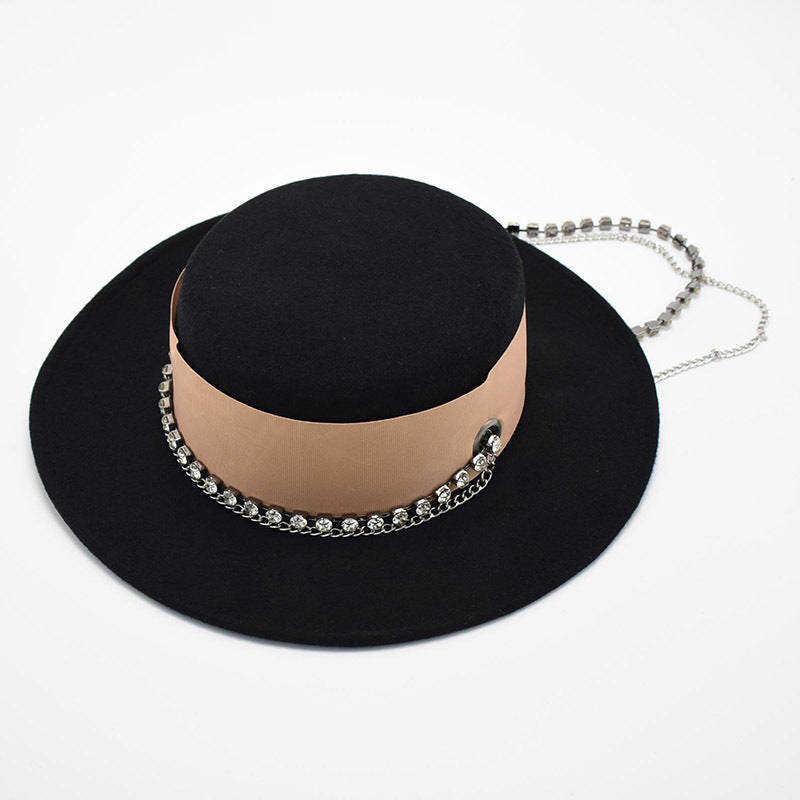 Wide Brim Flat Top Woolen Hat Women's Pearl Chain Felt Cap