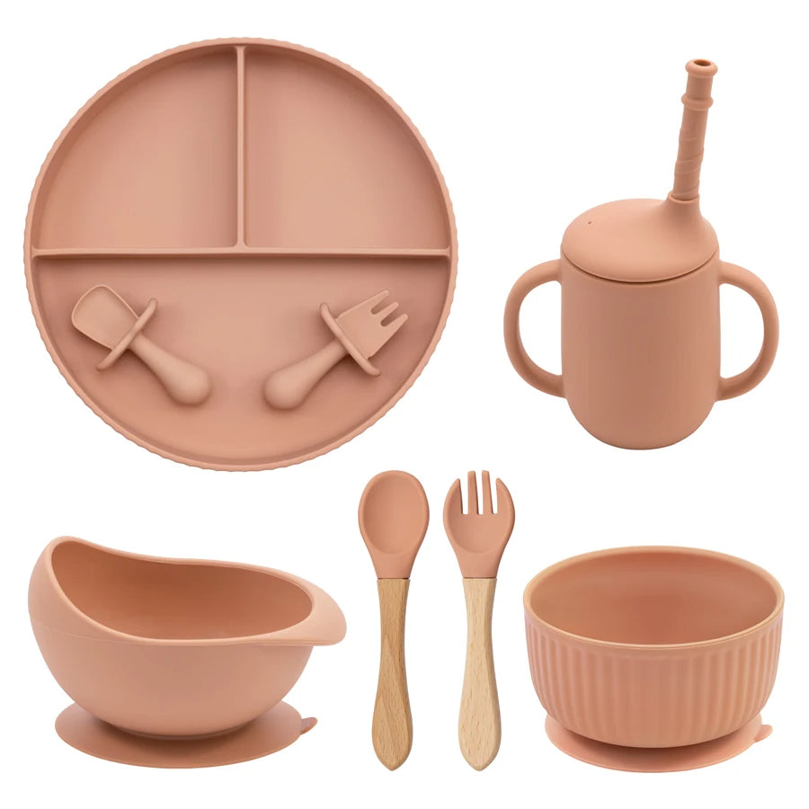 Baby Silicone Cookware Feeding Plate Bowl Set Non-Slip Suction Food Dishes Drinking Cup BPA Free Fork Spoon Children's Tableware