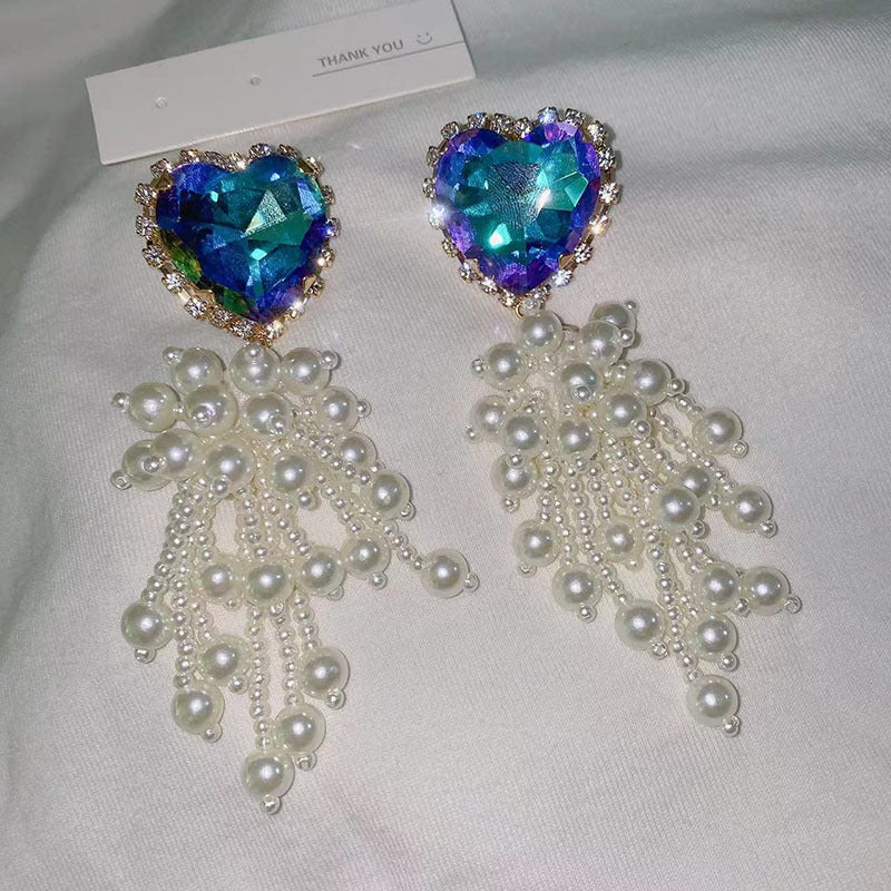 Diamond Crystal Pearl Fringe Exaggerated Earrings