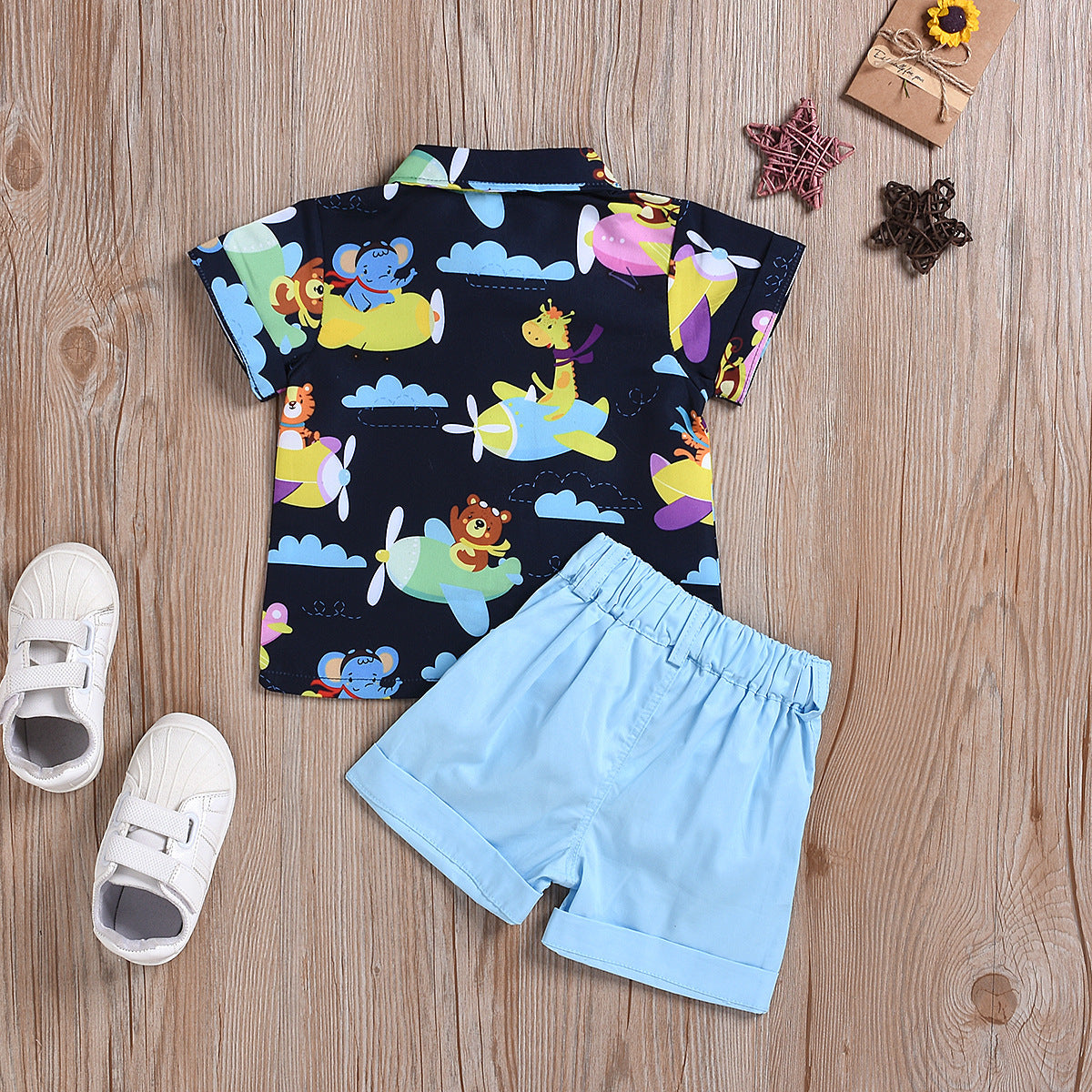 Cartoon Print Short Sleeve Shirt And Casual Shorts Set