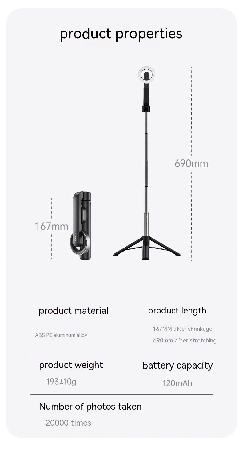 Perche à selfie mini pour téléphone portable magnétique avec télécommande Bluetooth et trépied en alliage d'aluminium