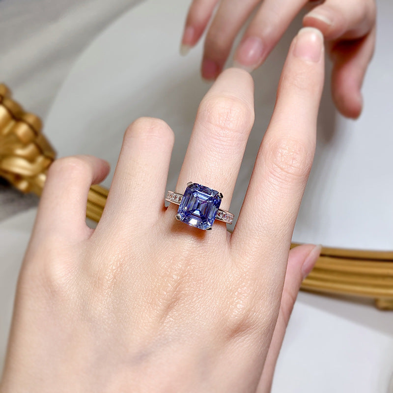 Bague en argent S925, strass gris-bleu à haute teneur en carbone