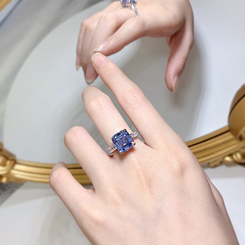Bague en argent S925, strass gris-bleu à haute teneur en carbone