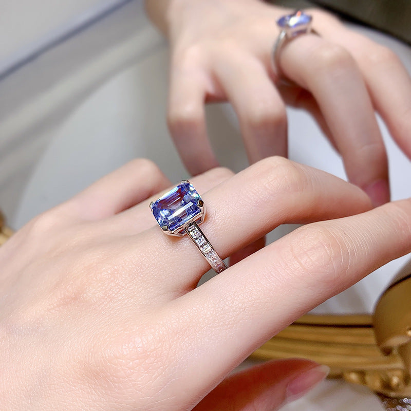 Bague en argent S925, strass gris-bleu à haute teneur en carbone