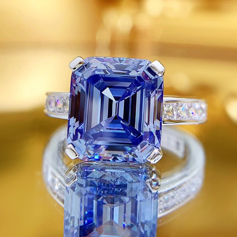 Bague en argent S925, strass gris-bleu à haute teneur en carbone
