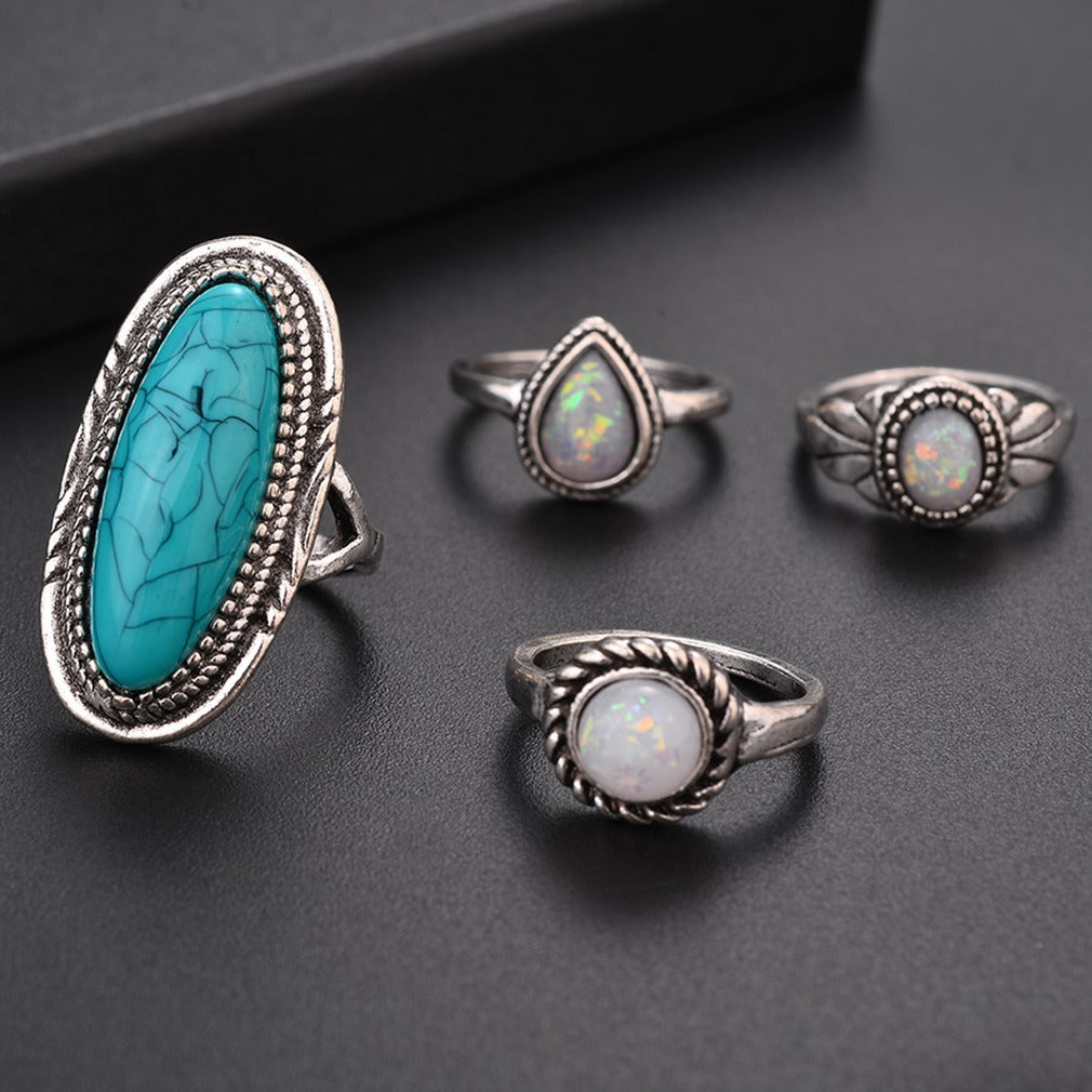 Bague huit pièces en pierres précieuses à motif feuille géométrique