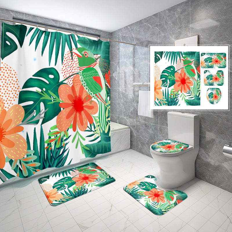 Natural Wind Leaves Printing Toilet Waterproof Shower Curtain Non-slip Floor Mat