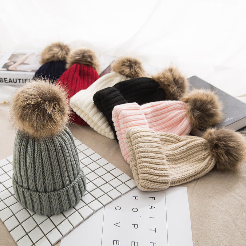 Thick Knit Hat Imitating Raccoon Fur Ball Warm Cap