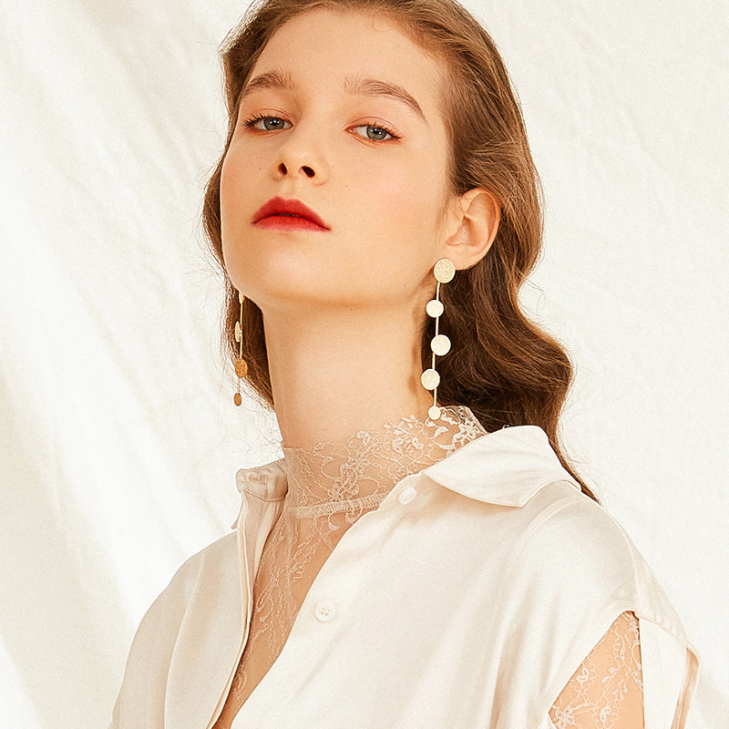 Exaggerated metal disc earrings women long