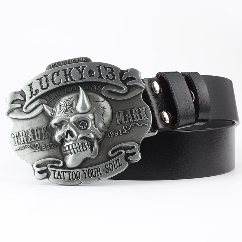 Ceinture de décoration tête de mort en cuir pur