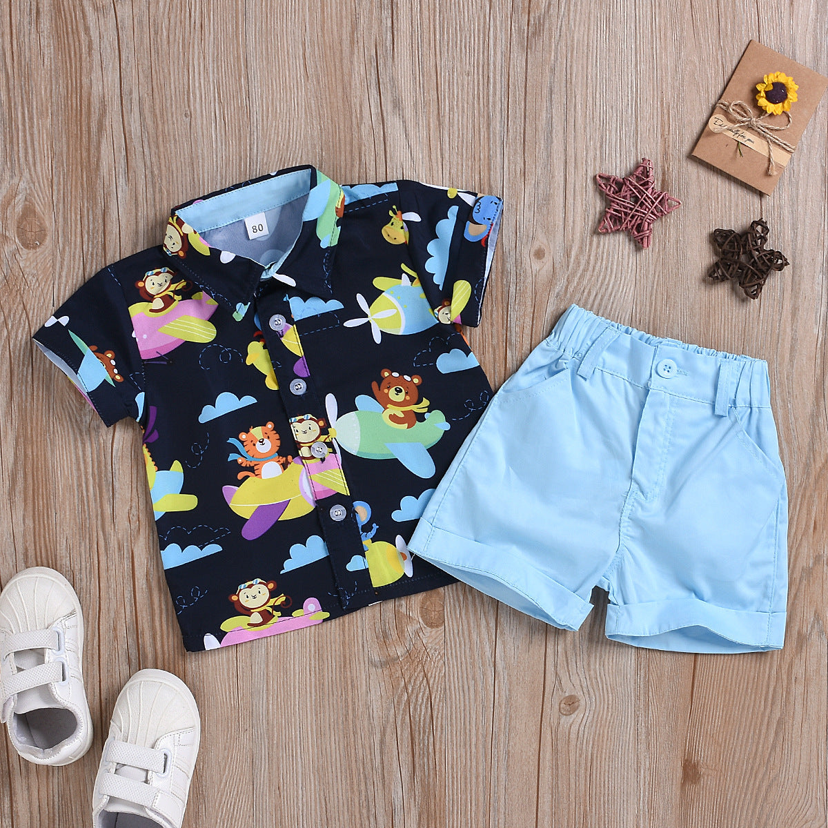 Cartoon Print Short Sleeve Shirt And Casual Shorts Set