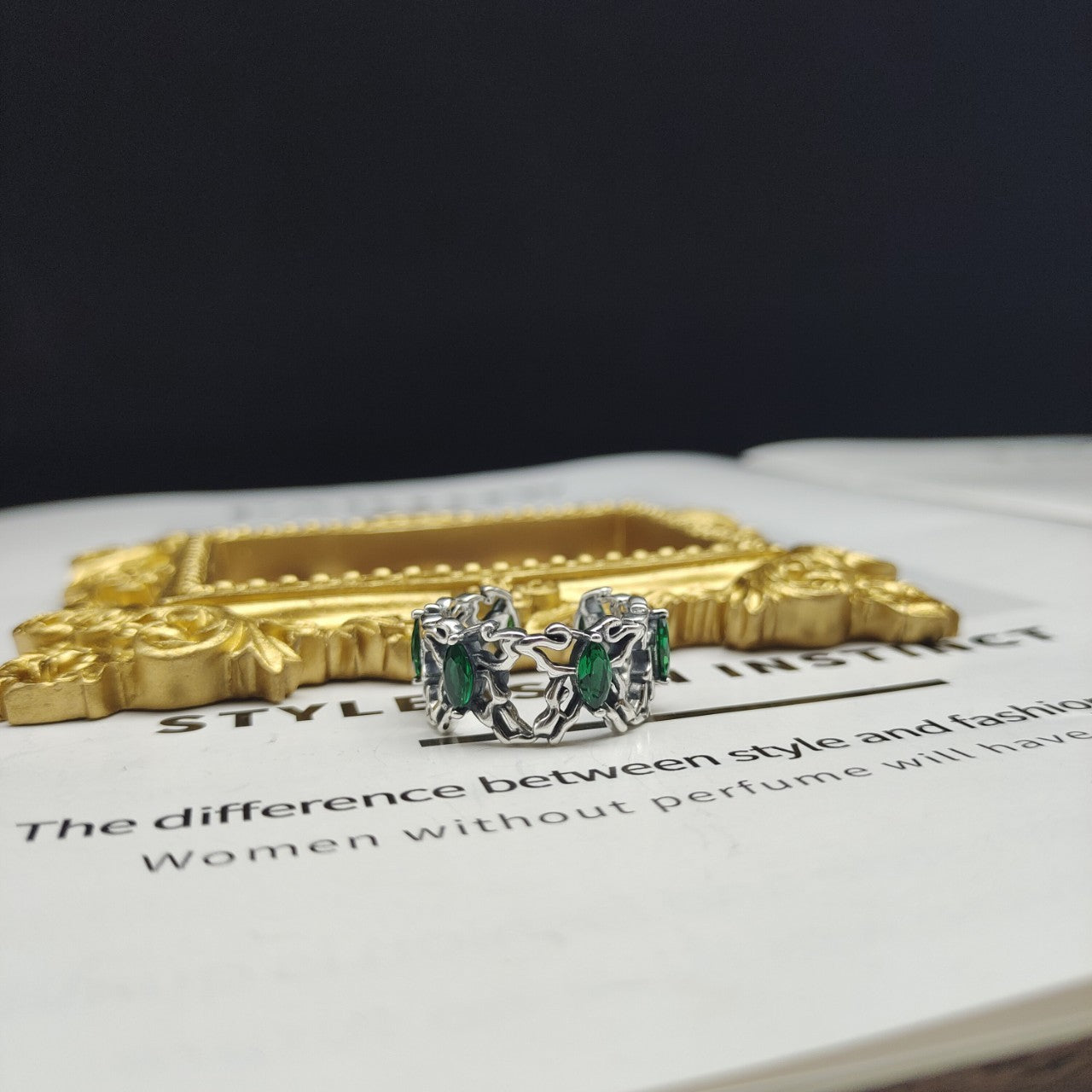 S925 Sterling Silver Vintage Diamond Green Zircon Ring Men's And Women's Hip Hop Trendy Rings