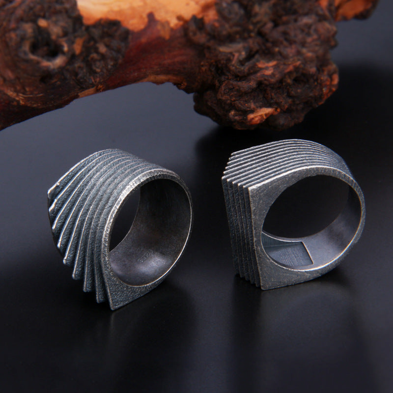 Bague rétro en argent sterling S925 à rayures irrégulières