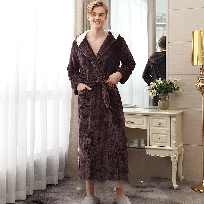 Autumn And Winter Lengthened And Thick Couple Flannel Hooded Nightgown