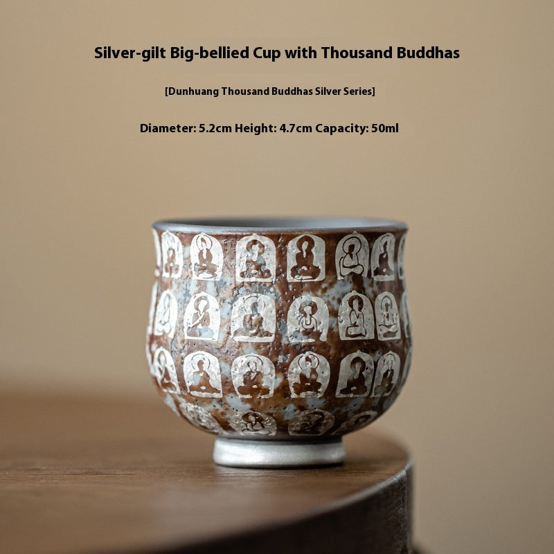 Tasse à thé en argile vieille roche plaquée argent, Bouddha