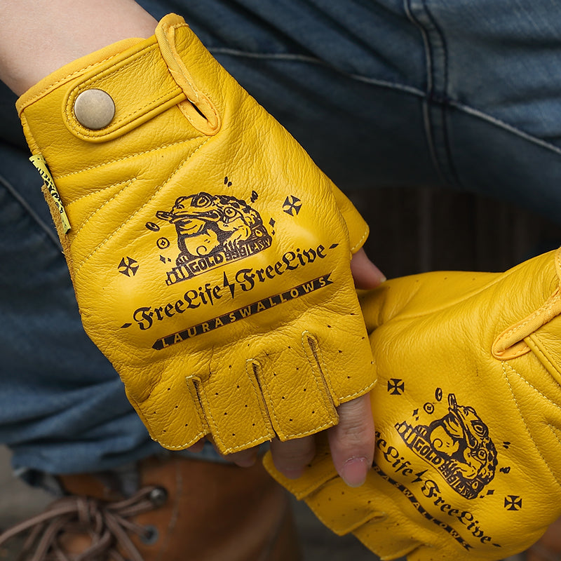 Gants de moto mi-doigts en cuir de vachette première couche jaune