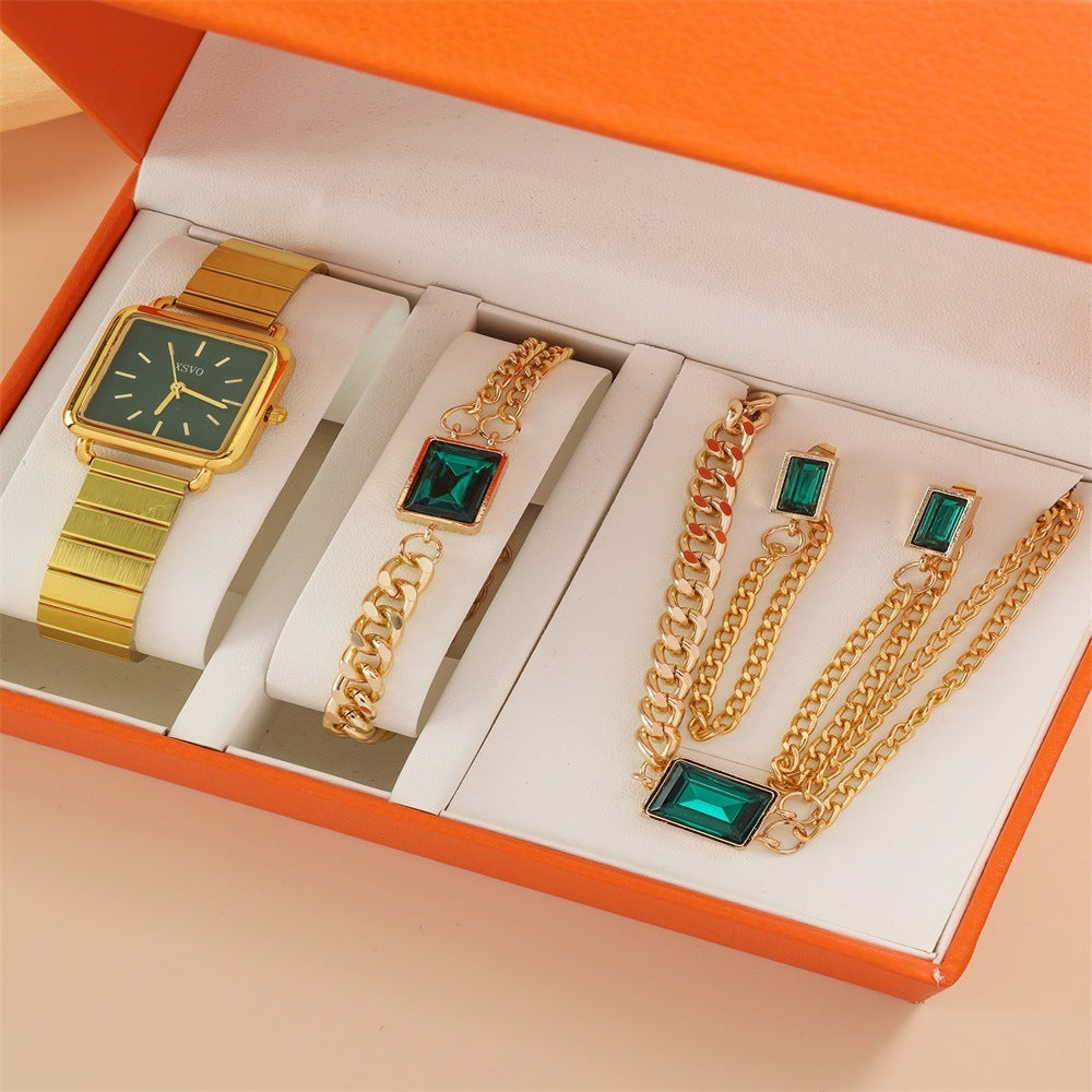 Quartz Watch Versatile Chain Emerald Necklace EarringsBracelet