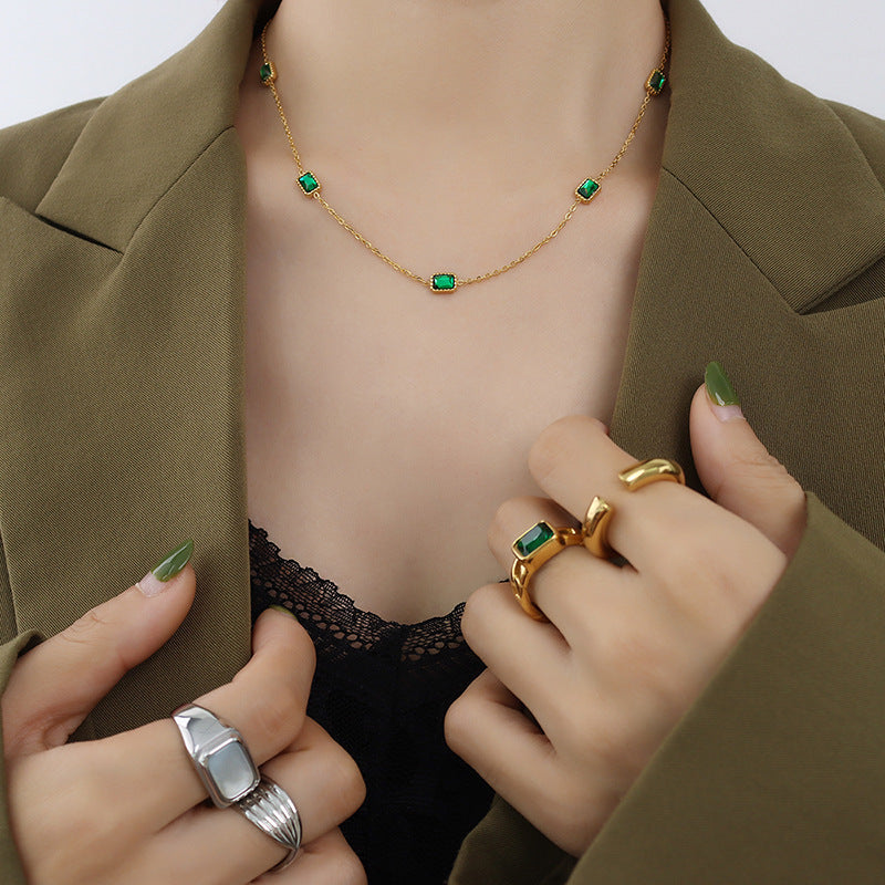 Natural Square Emerald Zircon Clavicle Chain