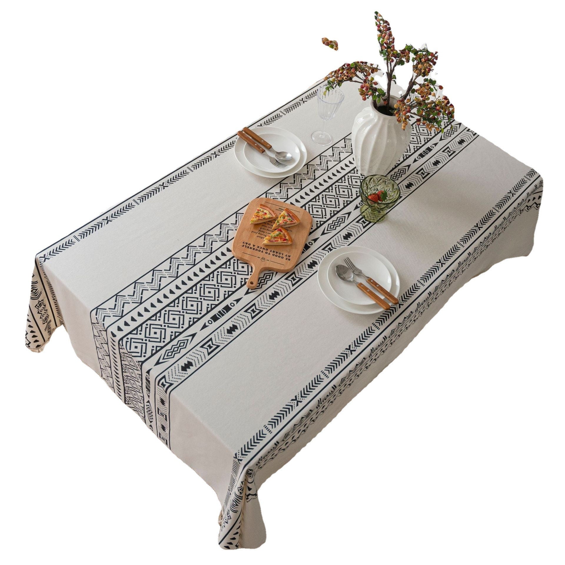 Nappe de table rectangulaire imperméable à pampilles noires géométriques, nappe de table basse ronde, serviette de couverture