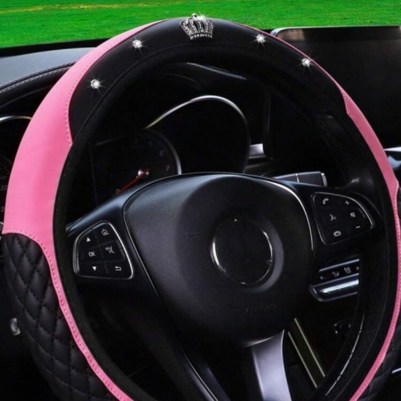 Diamond-Encrusted Little Crown Leather Car Steering Wheel Cover Without Inner Ring