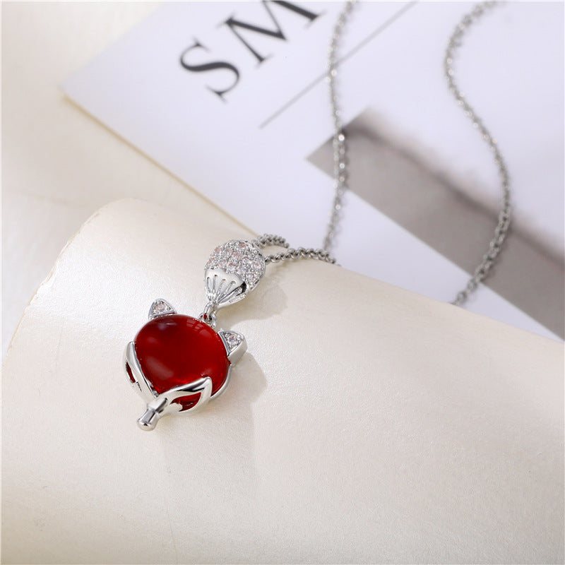 Red Pendant Little Fox Necklace With Zircon