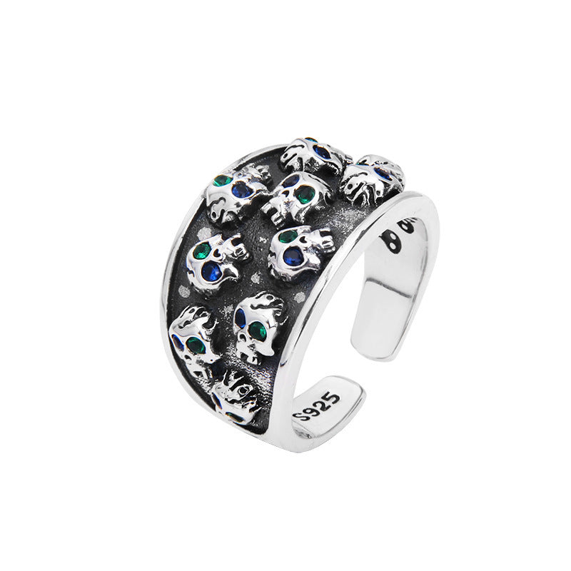Bague tête de mort rétro vieillie en argent sterling S925 en trois dimensions