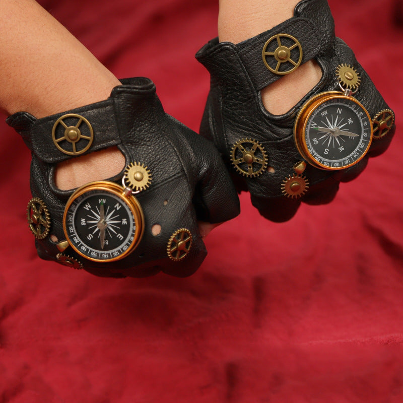 Gants Steampunk Européens Et Américains En Cuir Engrenage Demi-Doigt Boussole Rétro