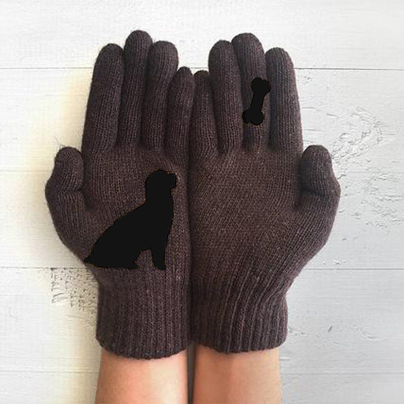 Women's Knitting Wool Gloves Autumn And Winter Finger Warm Thickened Puppy Bone Cute Printed Gloves