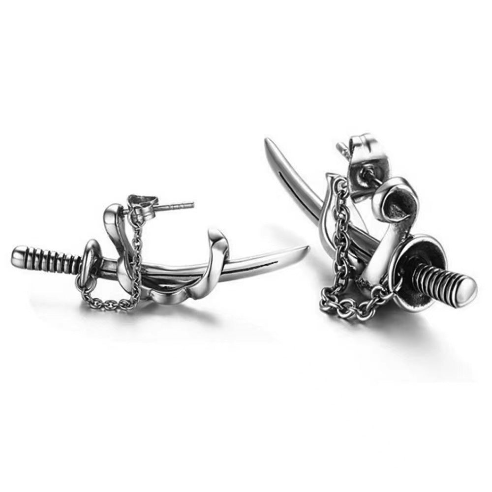 Boucles d'oreilles clous tendance hip-hop punk homme chaîne croix épée
