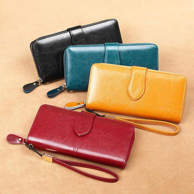 Waxed Cowhide Long Lady Wallet Leather Zipper Wallet Large Capacity