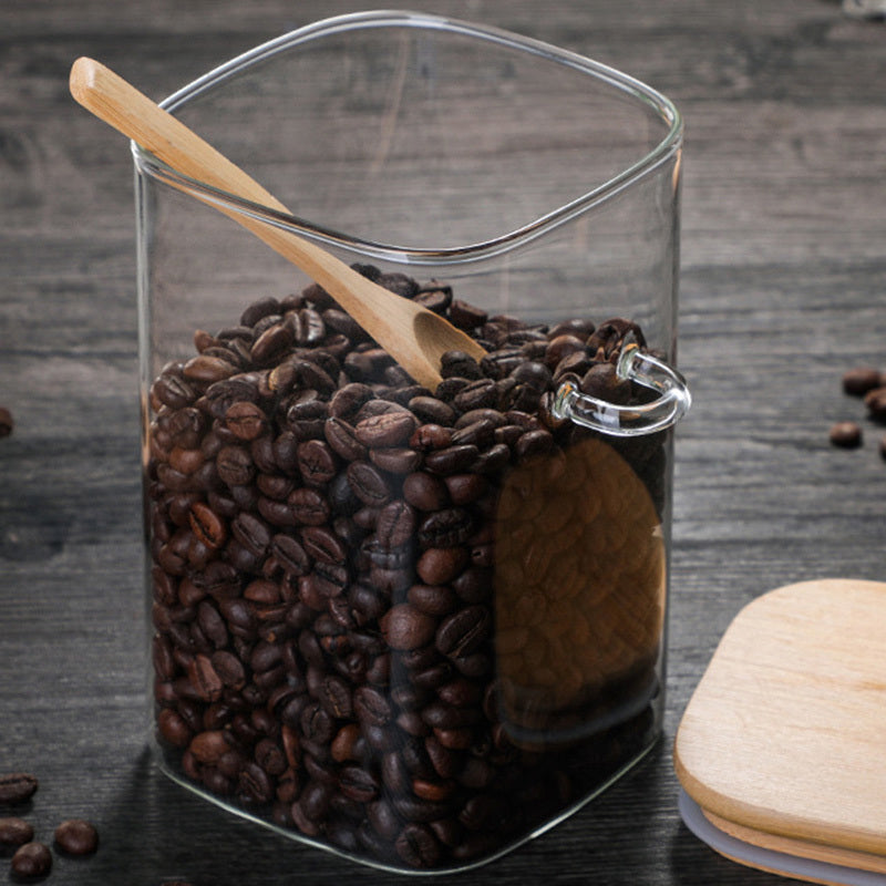 Square Glass Sealed Storage Jar With Wooden Spoon Seasoning